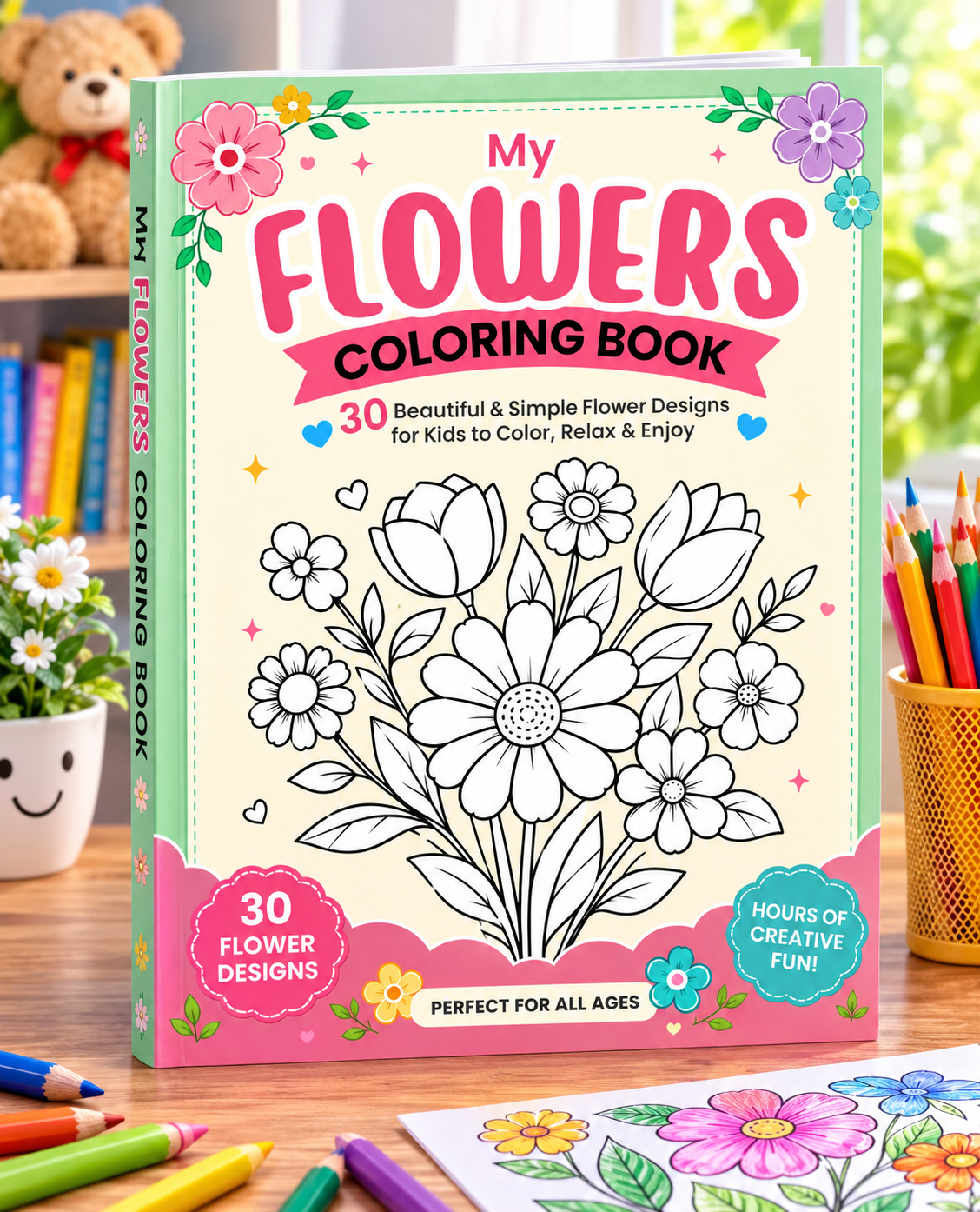 flower coloring book, printable flower coloring pages, kids coloring book, floral coloring book PDF, flower activity book, printable coloring pages for kids, relaxing coloring pages, easy flower drawings to color, nature coloring pages, instant download coloring book, digital coloring book