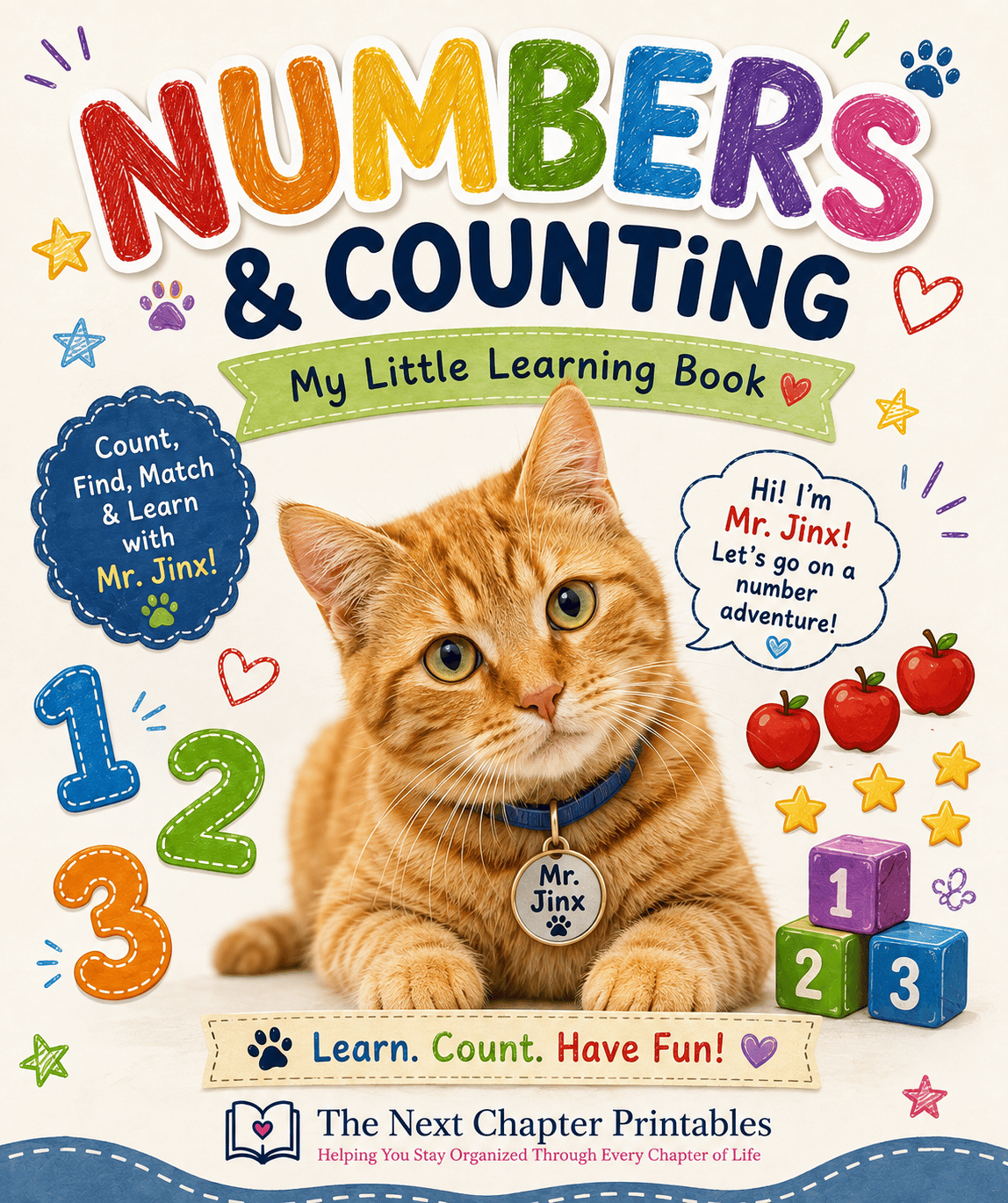 Mr. Jinx Numbers and Counting printable learning book cover with numbers and an orange tabby cat