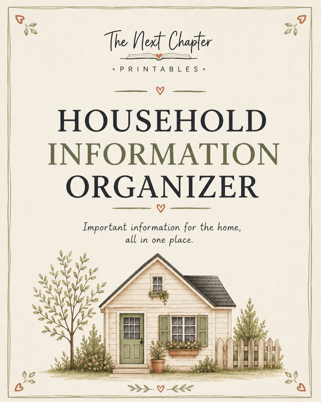 The Next Chapter Household Information Organizer printable cover with a cozy home illustration