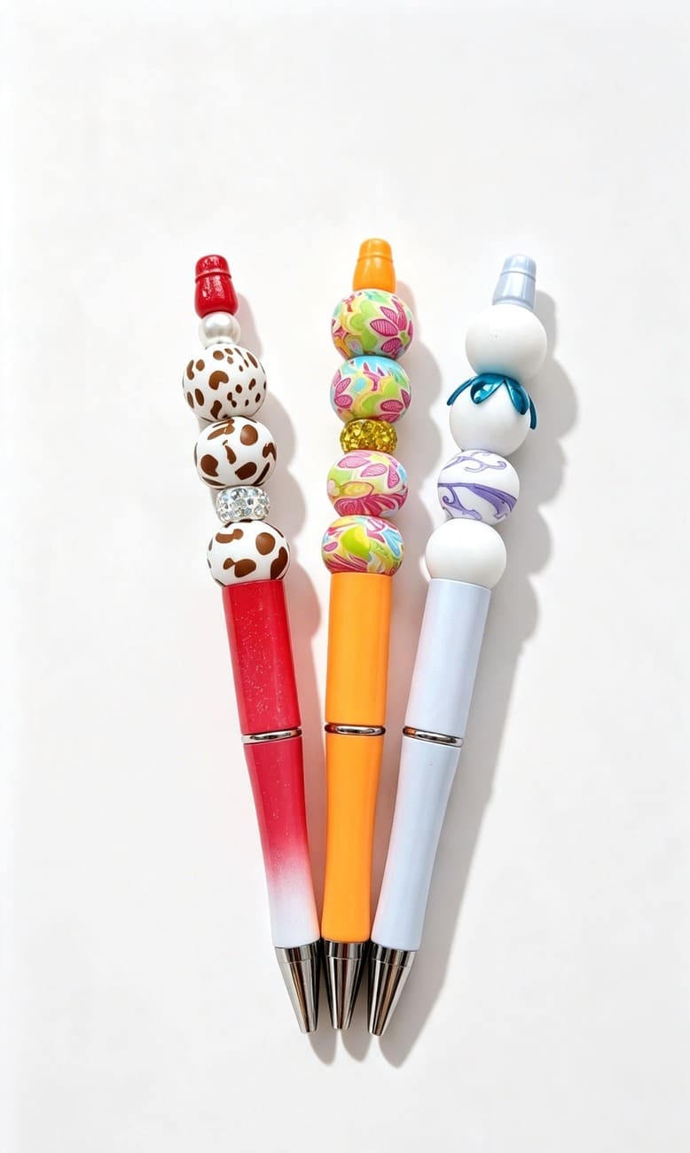 Three custom handmade beaded pens from Sparkling Resin Delights showcasing red cow print, orange abstract tropical floral, and white purple marble designs arrayed on a bright white background.