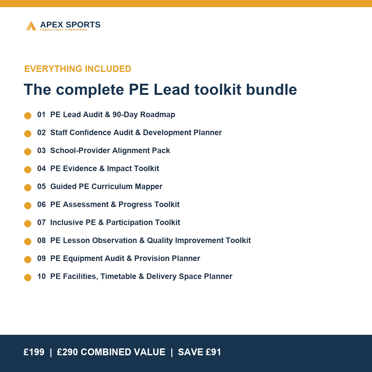 Overview of the ten PE leadership toolkits included in the complete APEX bundle.