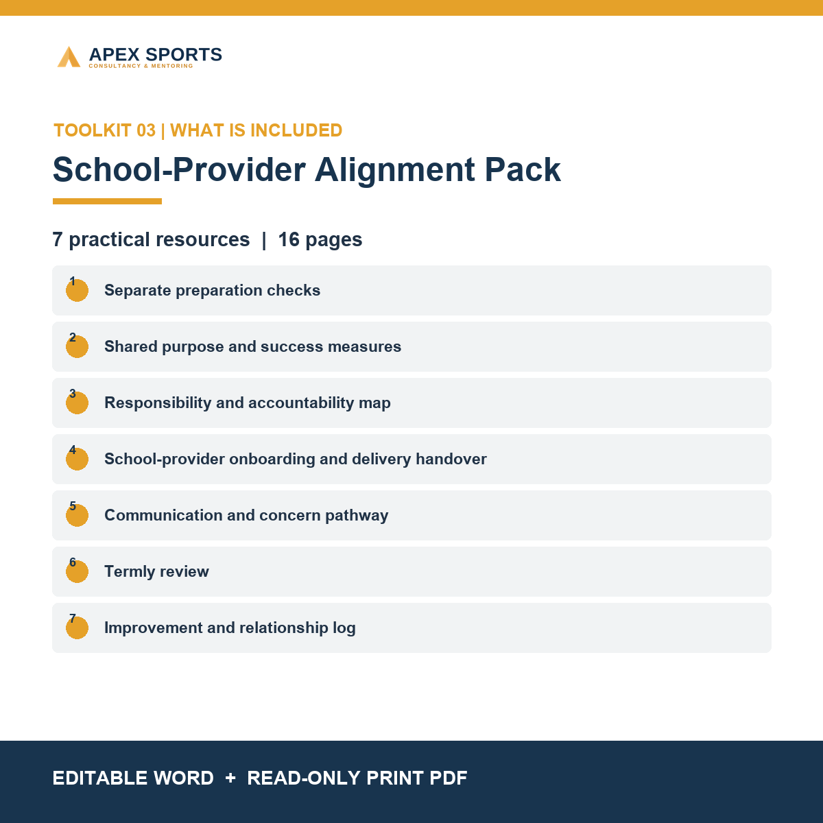 Contents of the School-Provider Alignment Pack, covering preparation, responsibilities, handovers and review.