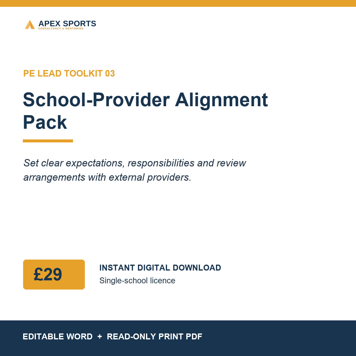 APEX School-Provider Alignment Pack for clearer, safer and more accountable external PE delivery.