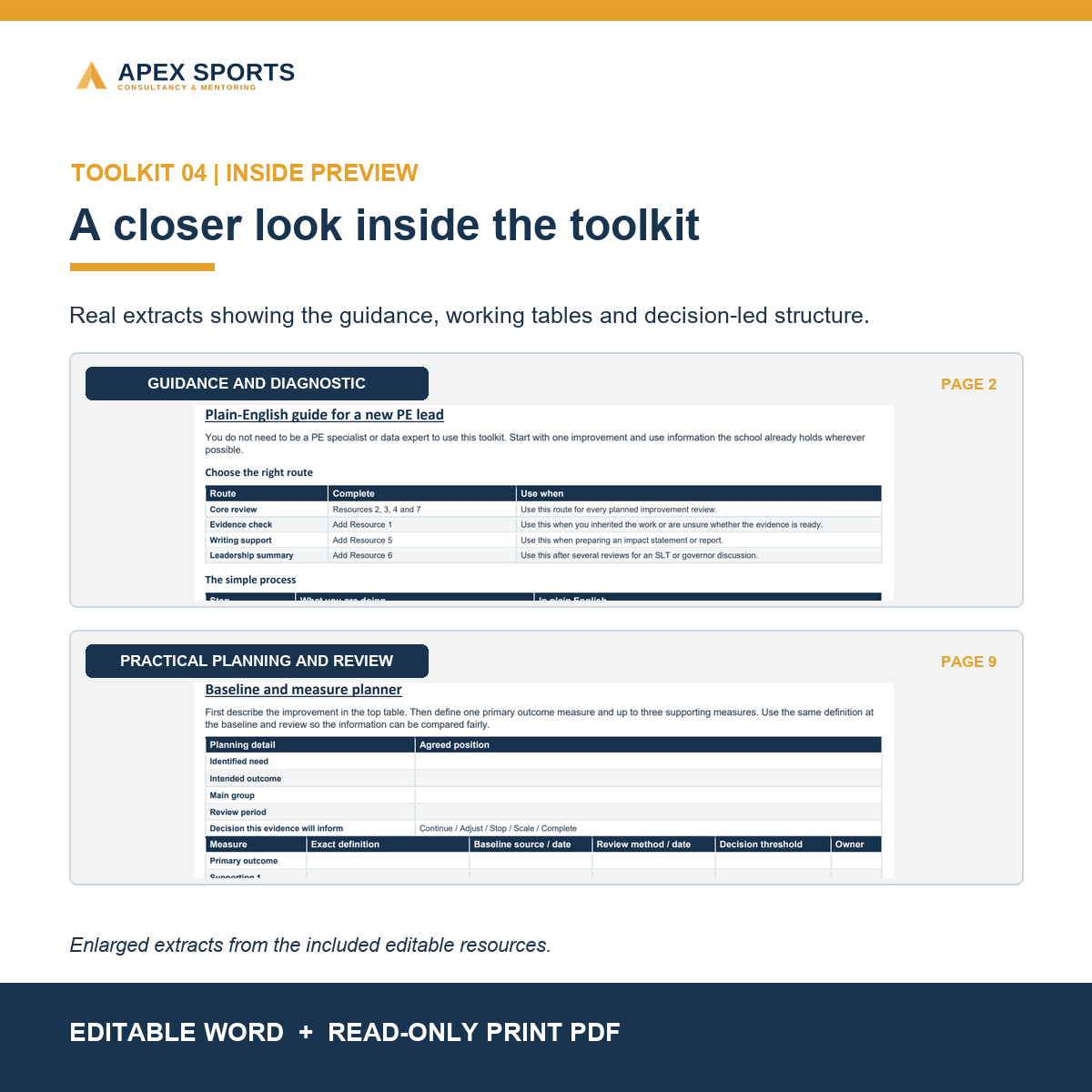 Preview pages from the editable PE evidence, impact and improvement decision templates.