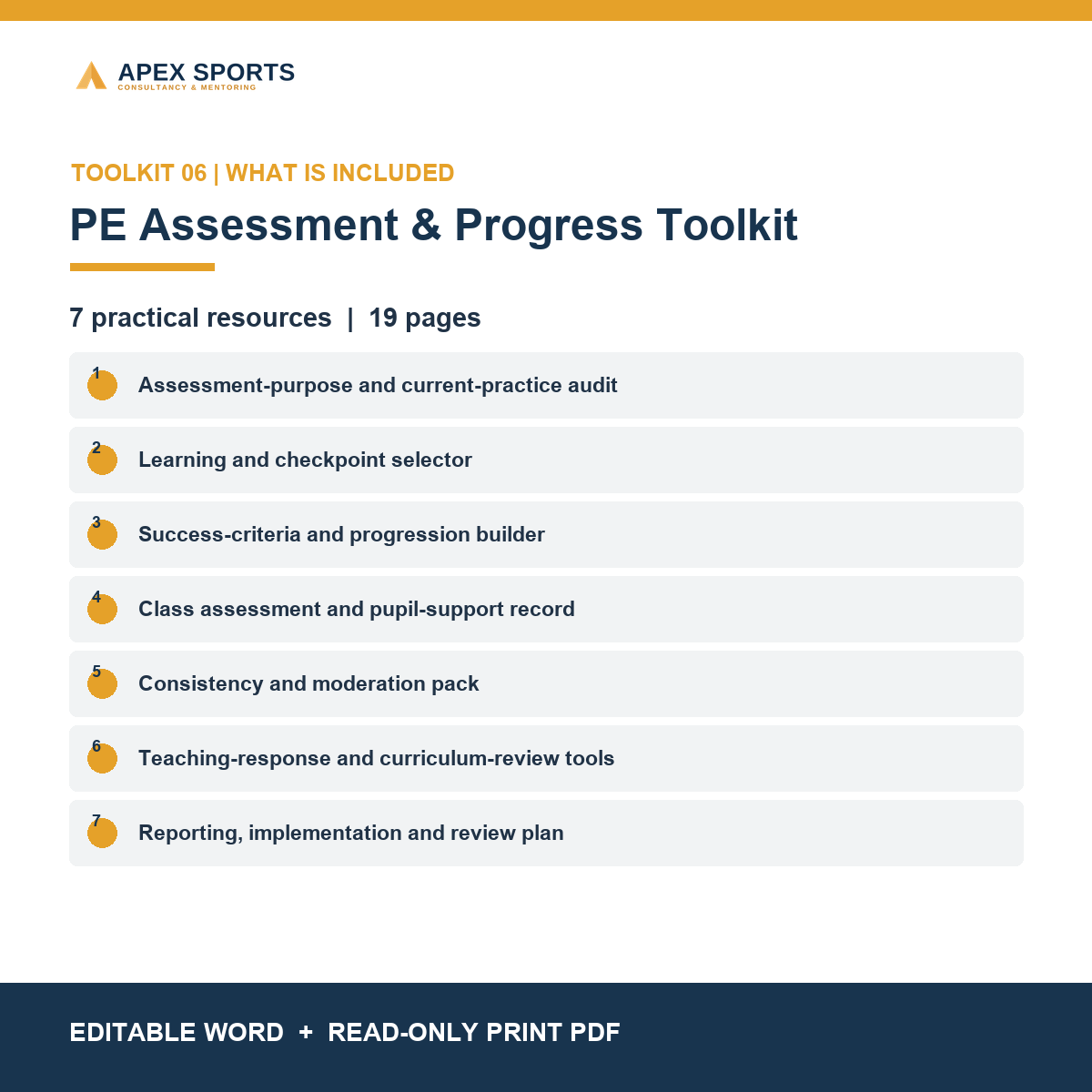 Contents of the PE Assessment and Progress Toolkit, including expectations, moderation and progress review tools.