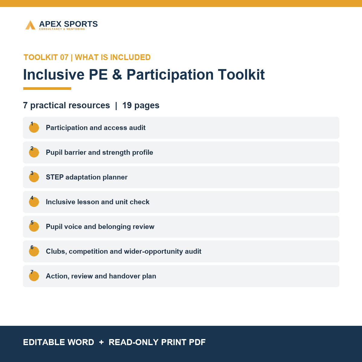 Contents of the inclusive PE toolkit, including barrier reviews, pupil insight and adaptation planning resources.