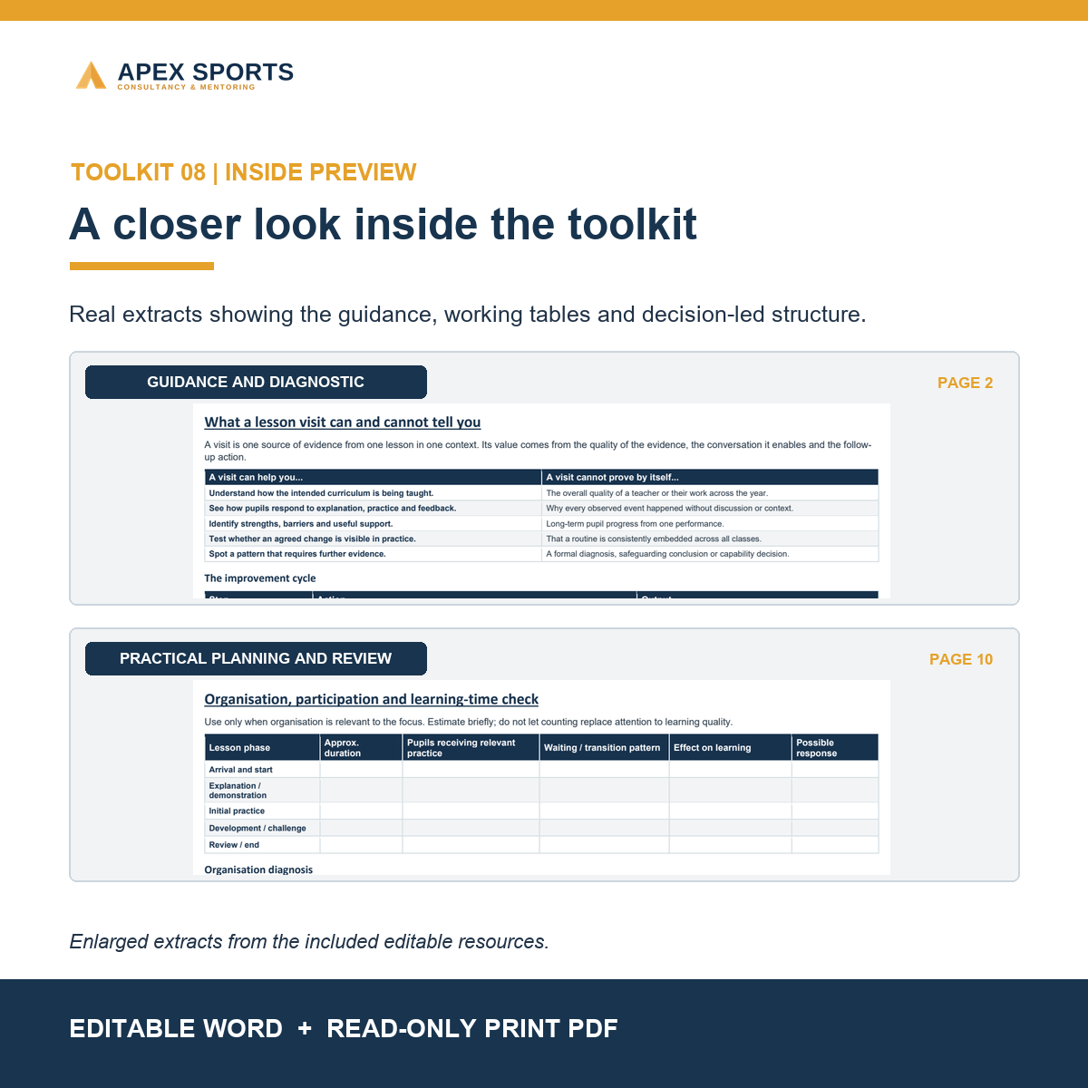 Preview of editable primary PE lesson observation and quality-improvement templates.