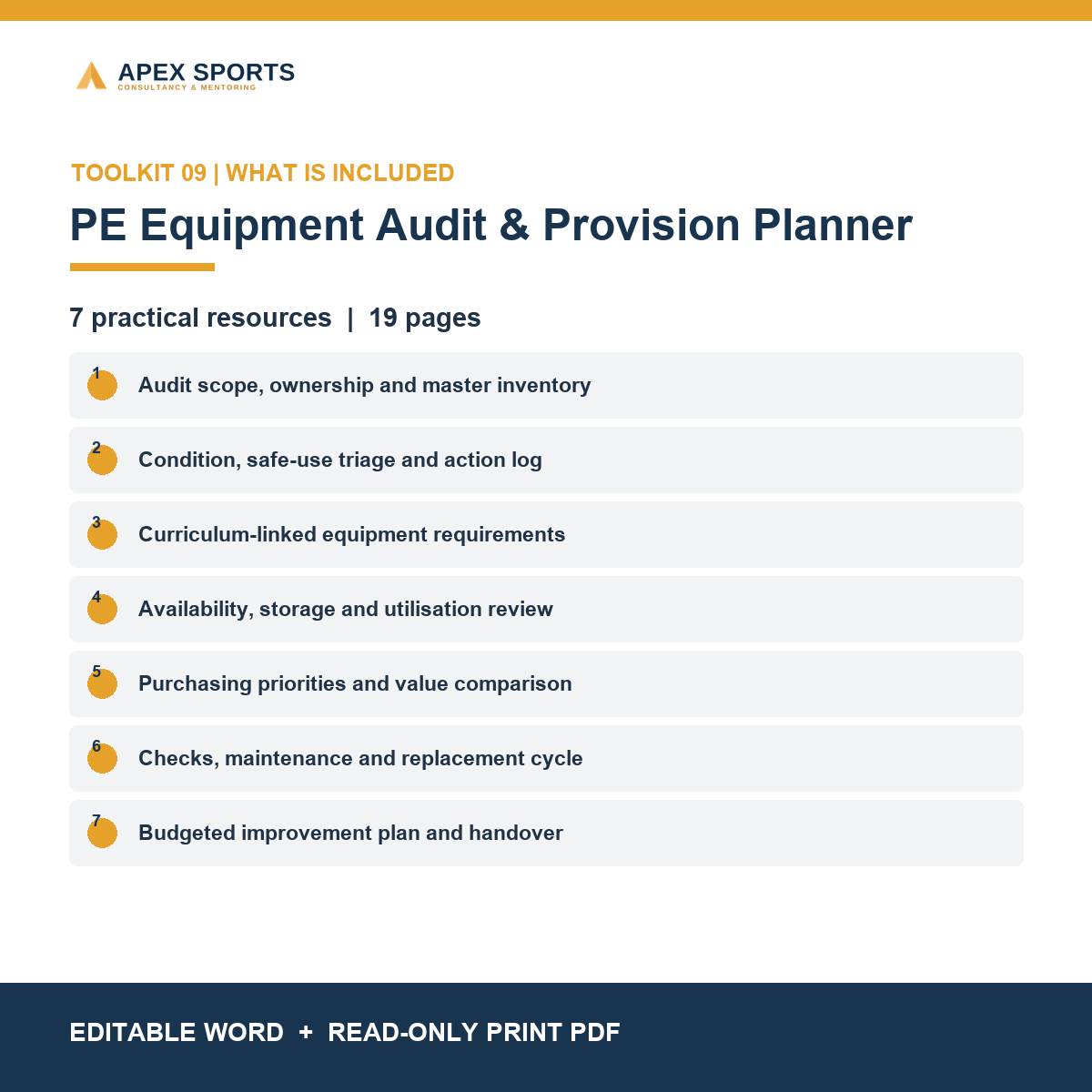 Contents of the PE equipment toolkit, including audit, safety, purchasing and replacement planning resources.