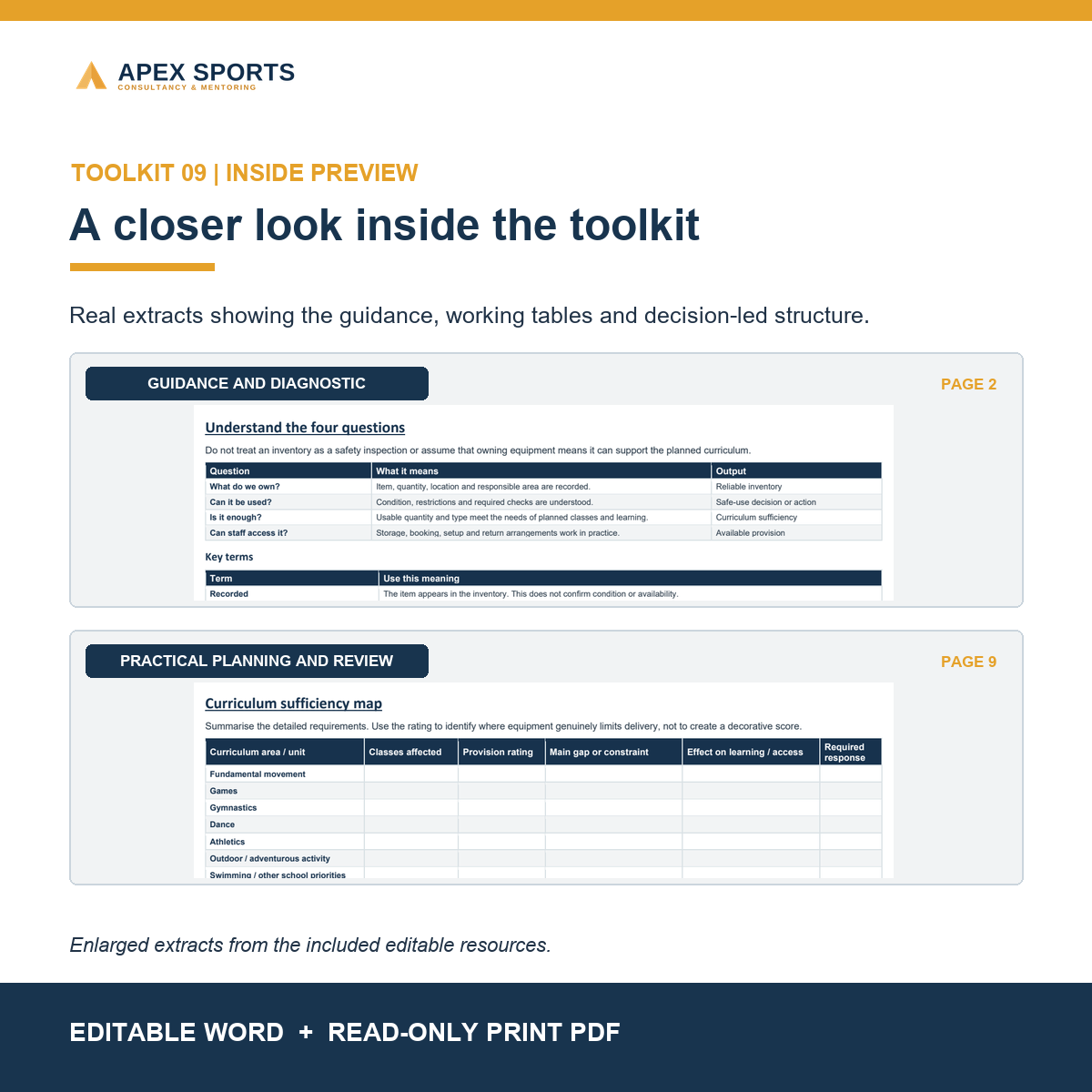 Preview of editable PE equipment audit, condition check and provision planning templates.