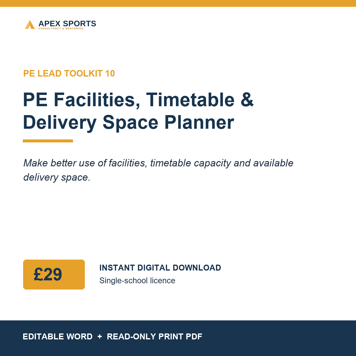 APEX PE Facilities, Timetable and Delivery Space Planner for effective primary PE organisation.
