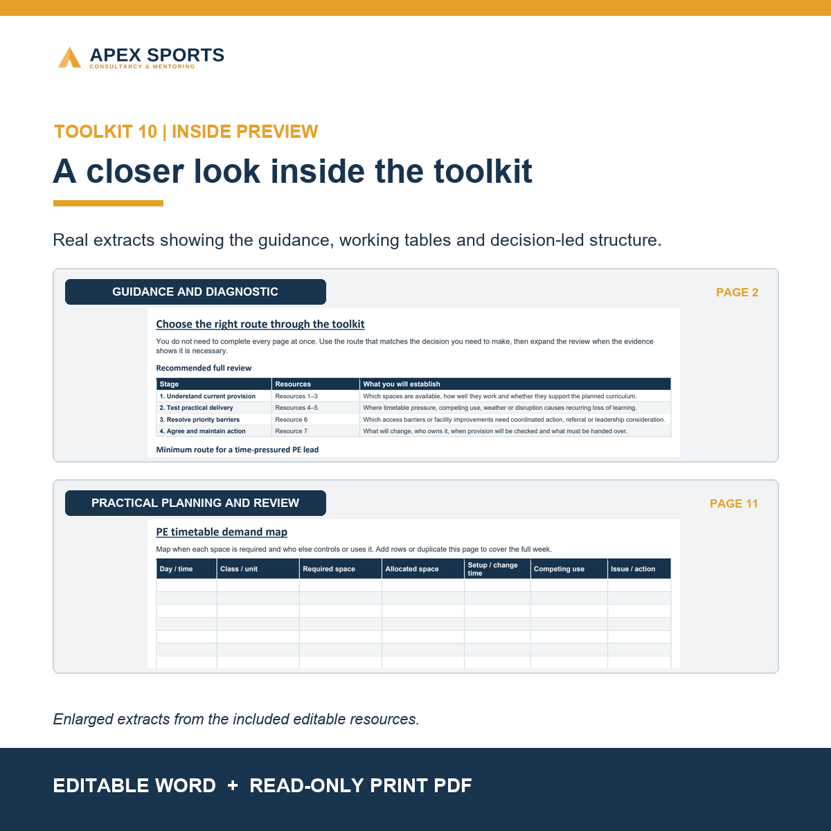 Preview of editable PE facility, timetable, delivery-space and contingency planning resources.