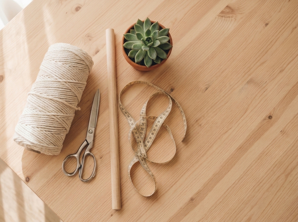 Essential macramé supplies for beginners including cotton rope, scissors, wooden dowel, and tape measure arranged on natural wood surface for DIY boho home decor projects.