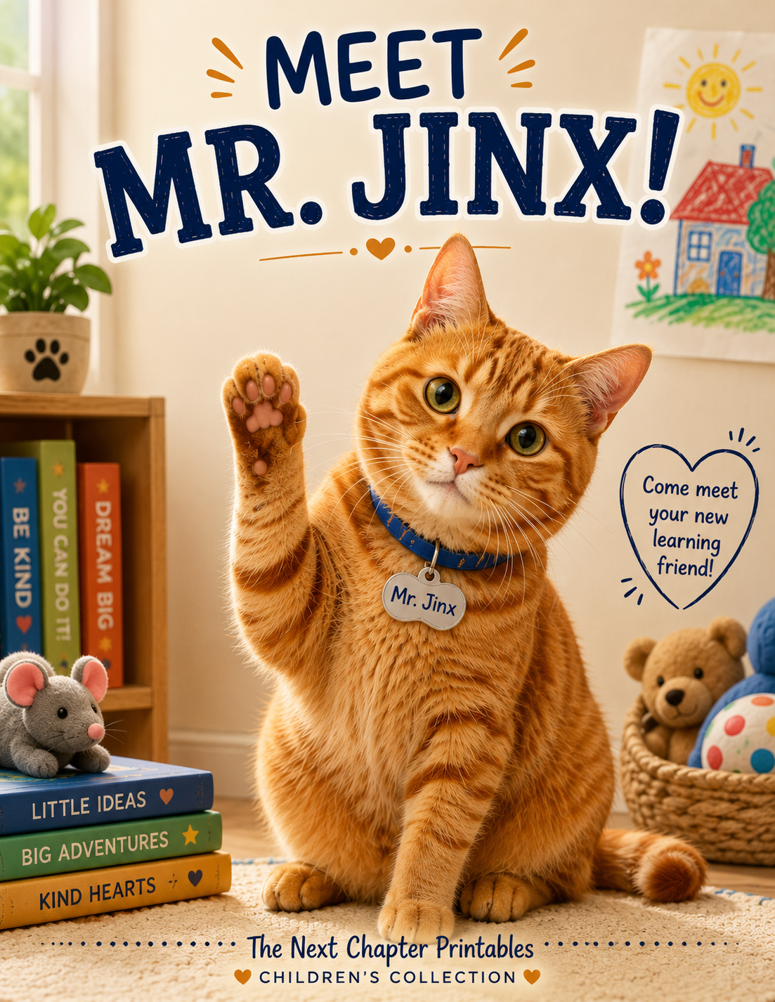 Meet Mr. Jinx printable children's story cover featuring a curious orange tabby cat