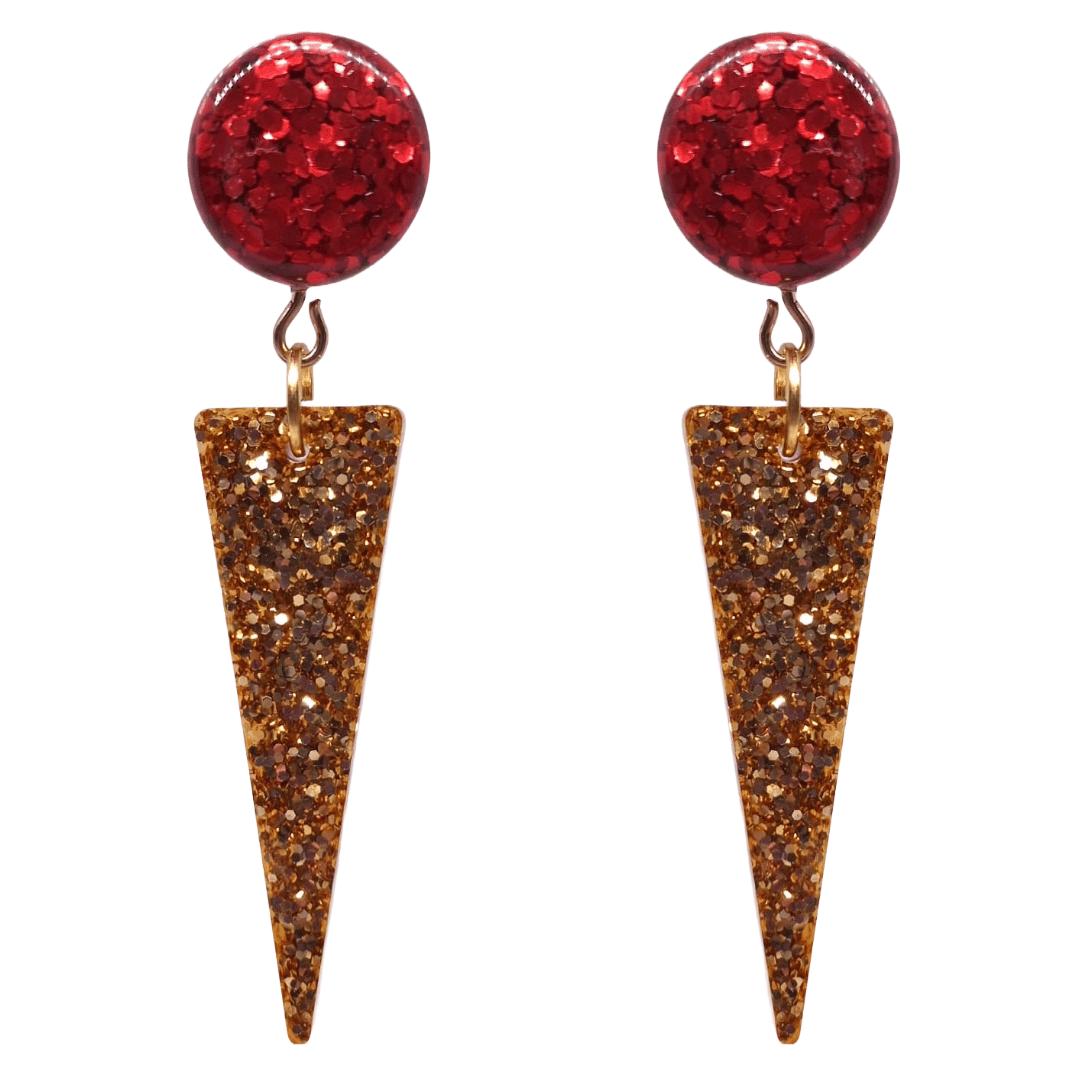 Retro 1970's Style Disco Glamrock Earrings Red Gold Glitter by Atomic Cat