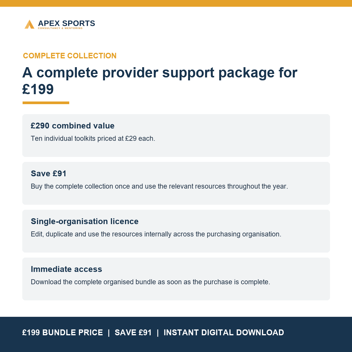 Summary of the practical value and £91 saving offered by the complete APEX Sports Provider Toolkit Bundle.
