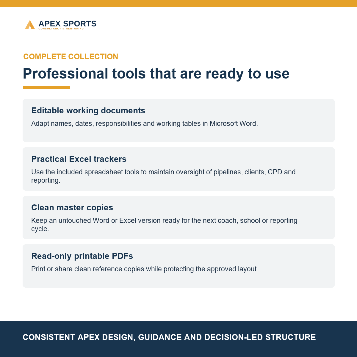 Overview of the editable documents, Excel tools, master copies and printable PDFs supplied in the provider bundle.