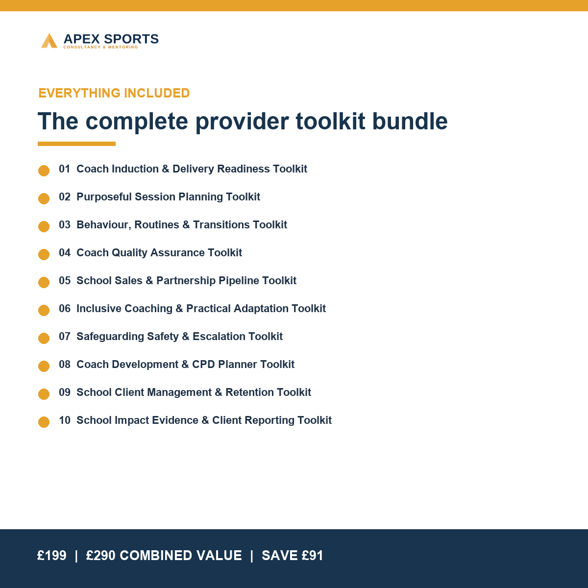 Overview of the ten sports-provider toolkits included in the complete APEX bundle.