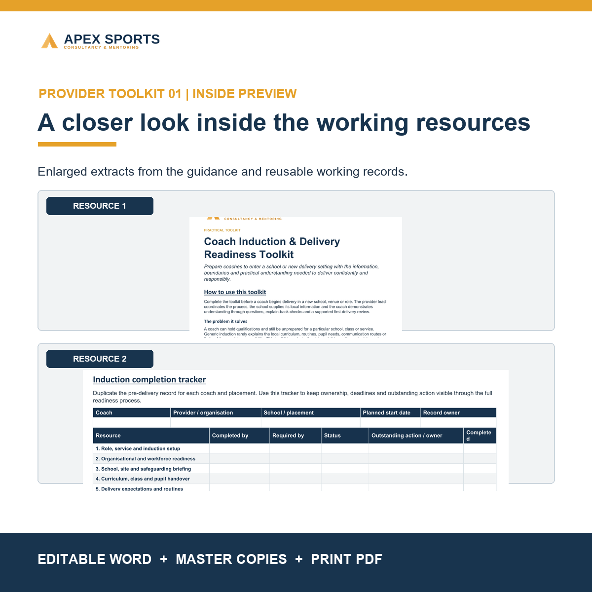 Preview of editable guidance and working records inside the APEX Coach Induction & Delivery Readiness Toolkit.