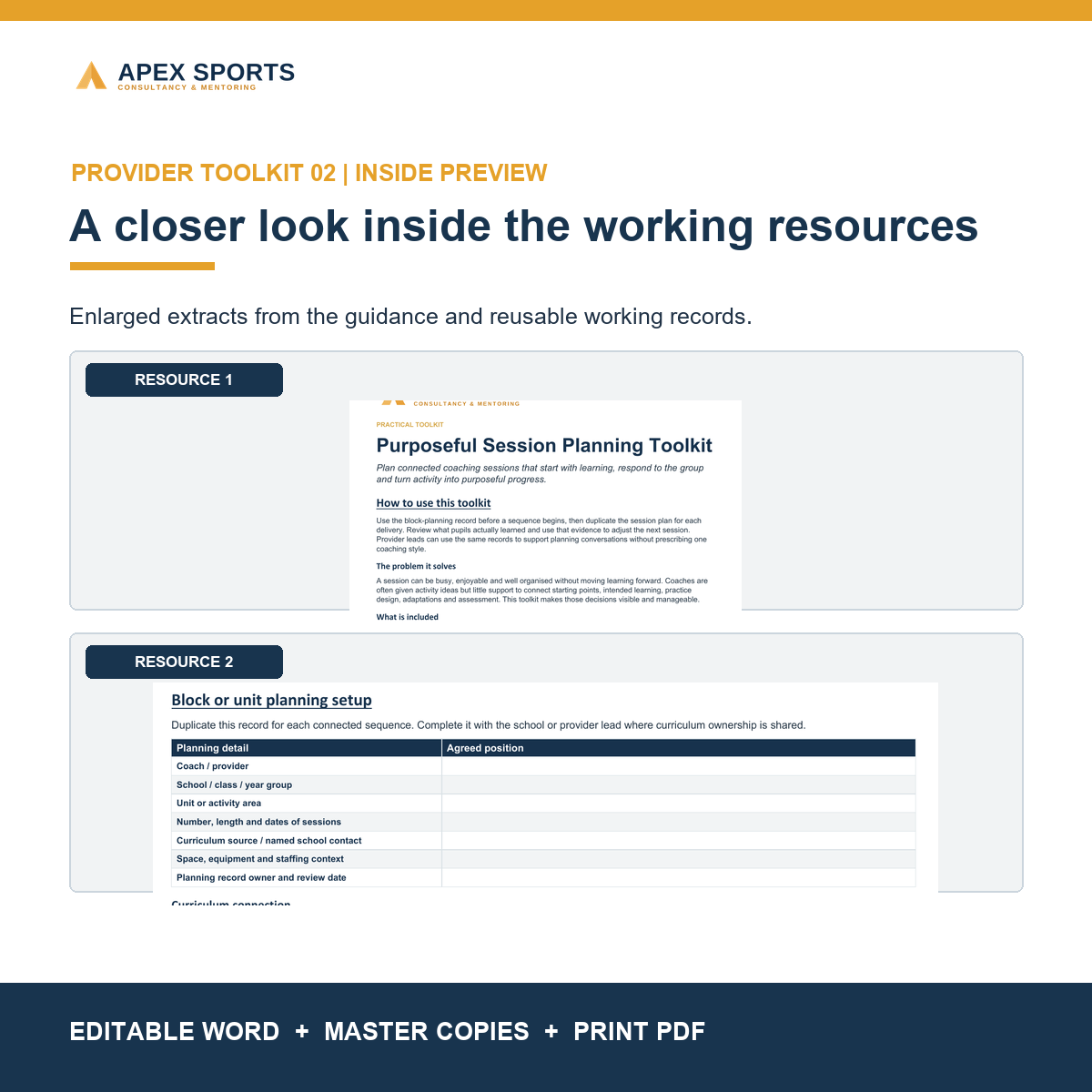 Preview of editable guidance and working records inside the APEX Purposeful Session Planning Toolkit.