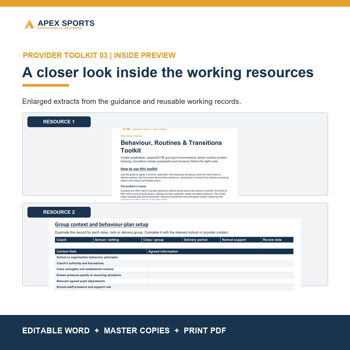 Preview of editable guidance and working records inside the APEX Behaviour, Routines & Transitions Toolkit.
