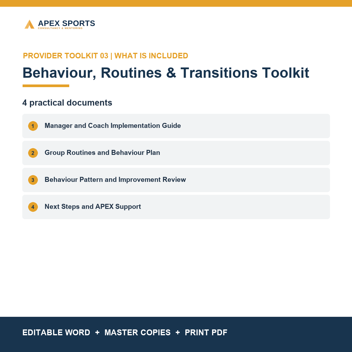 Documents included in the APEX Behaviour, Routines & Transitions Toolkit.