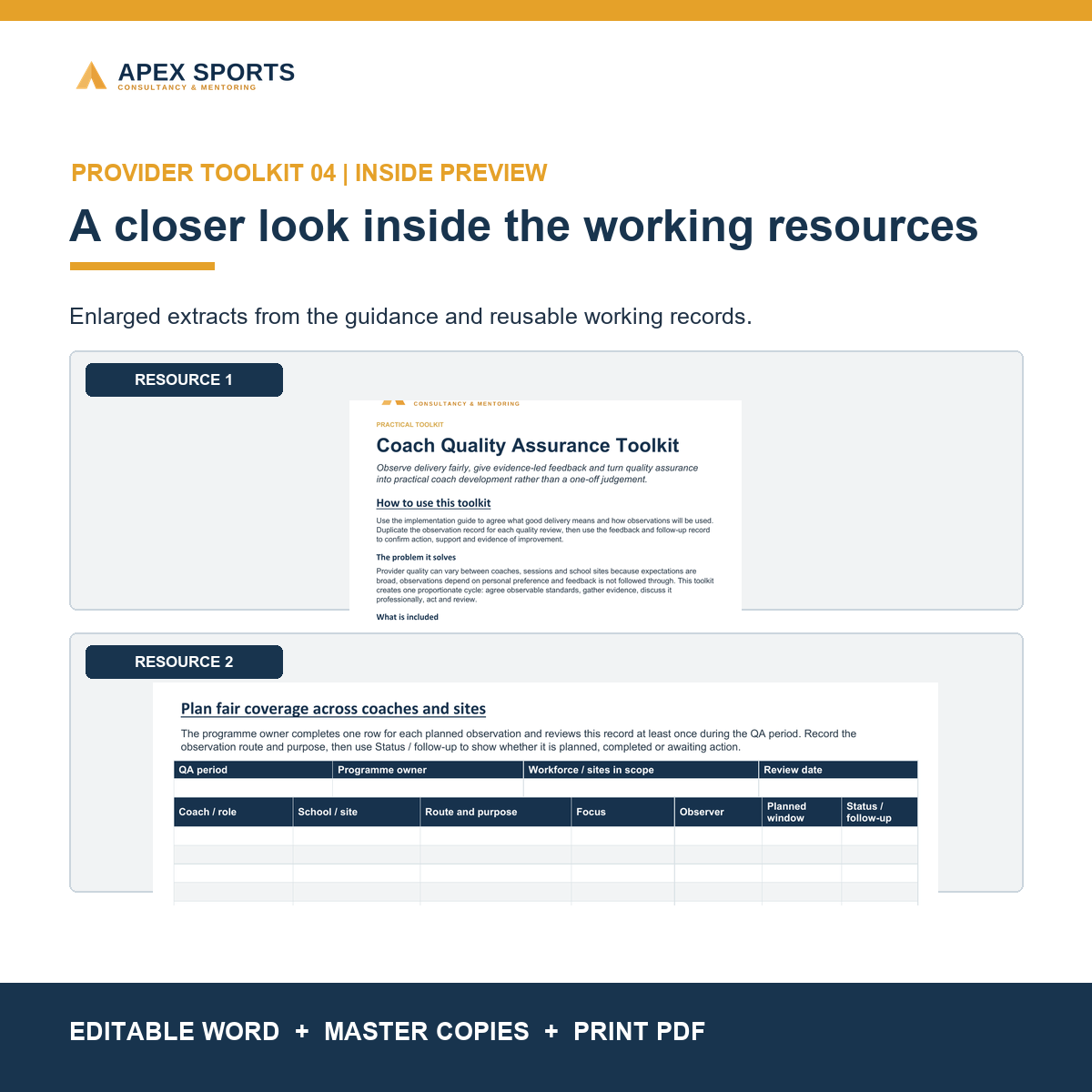 Preview of editable guidance and working records inside the APEX Coach Quality Assurance Toolkit.