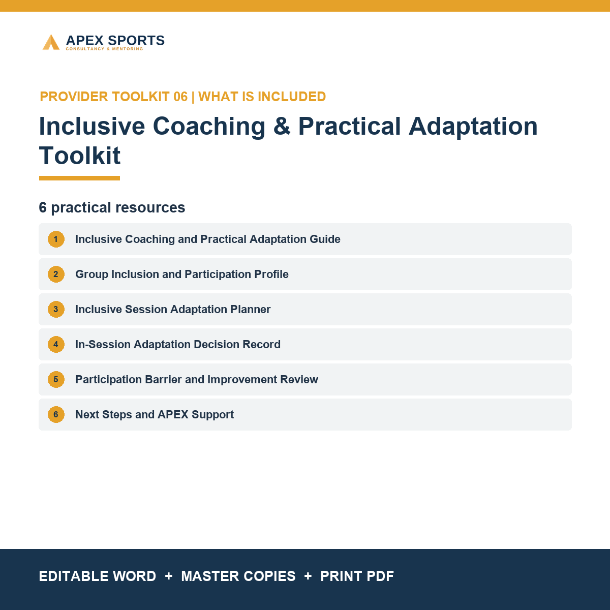 Six inclusive coaching resources included in the APEX toolkit