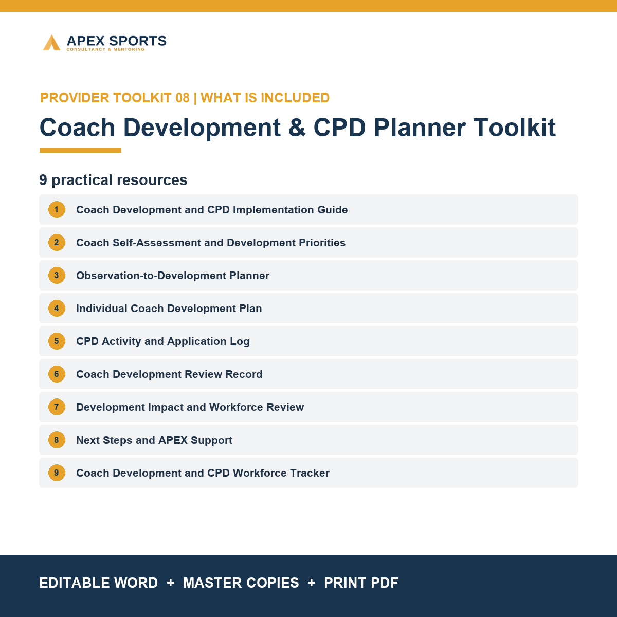 Nine coach development resources including an Excel tracker