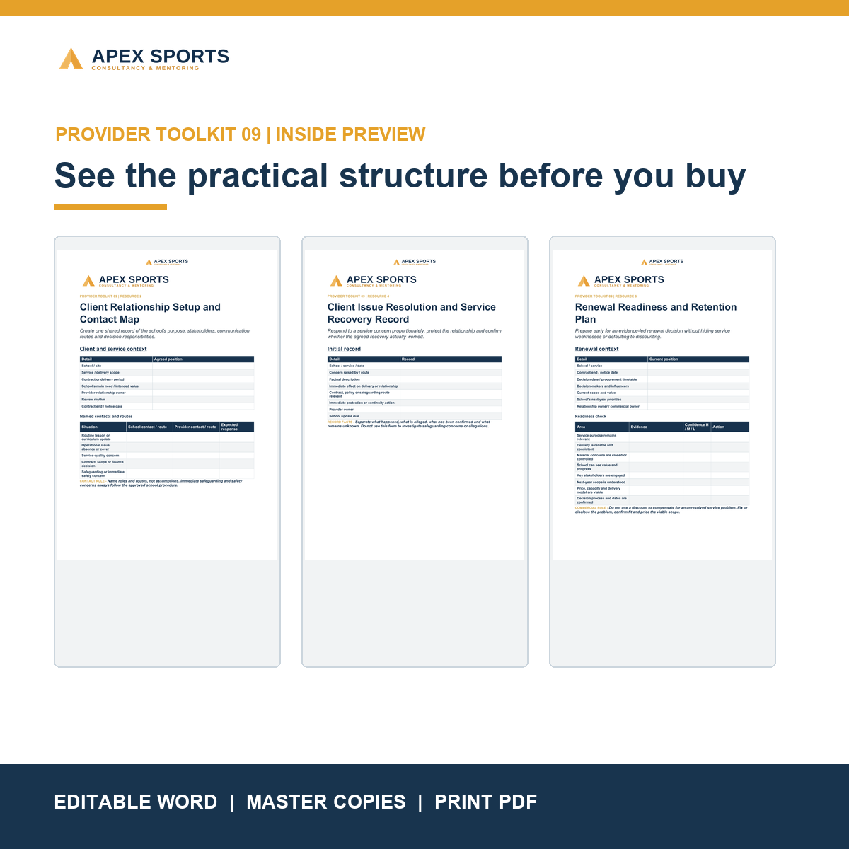 Preview of APEX school client management and renewal documents