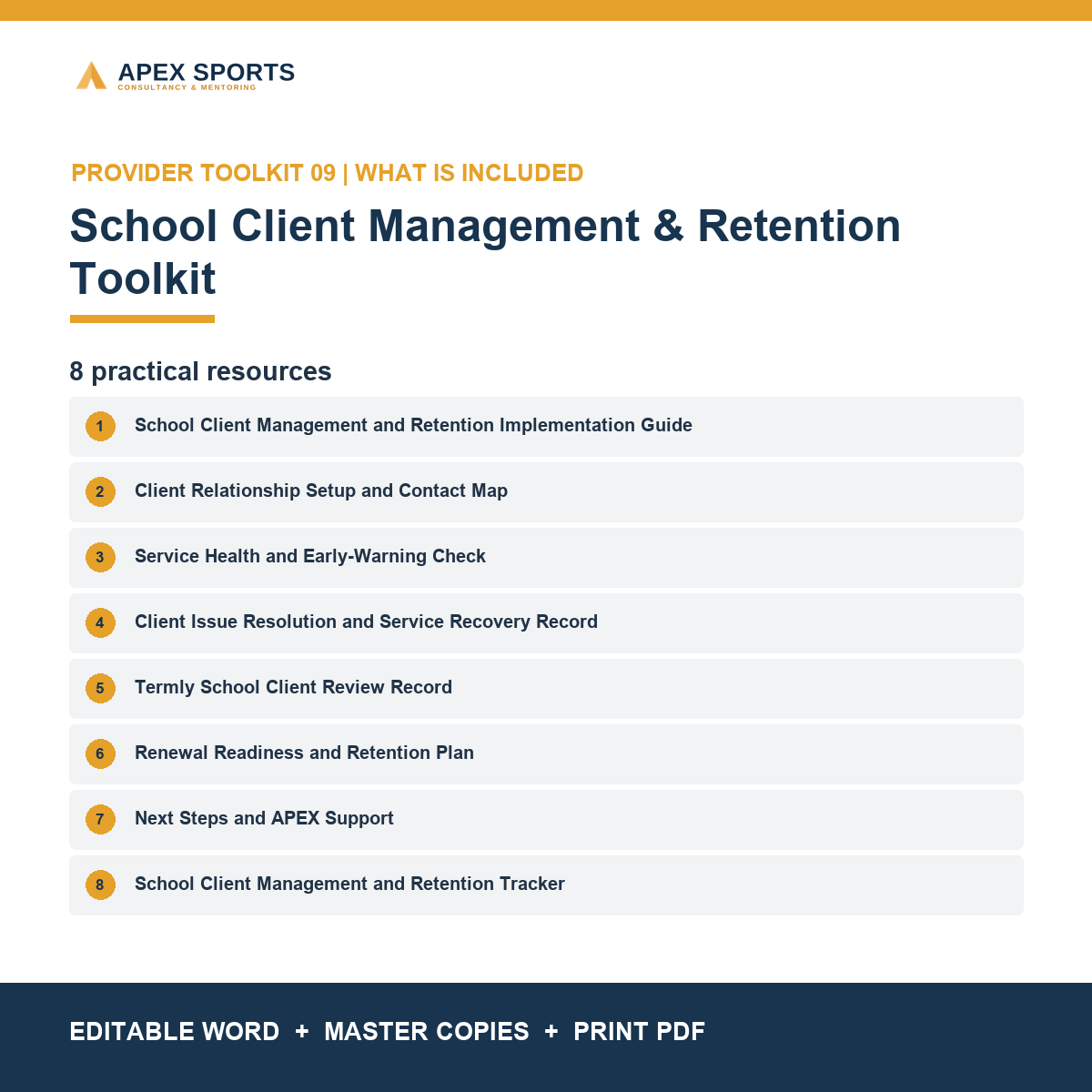 Eight client-management resources including an Excel retention tracker