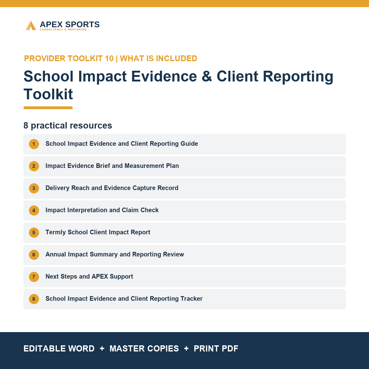 Eight impact reporting resources including an Excel evidence tracker