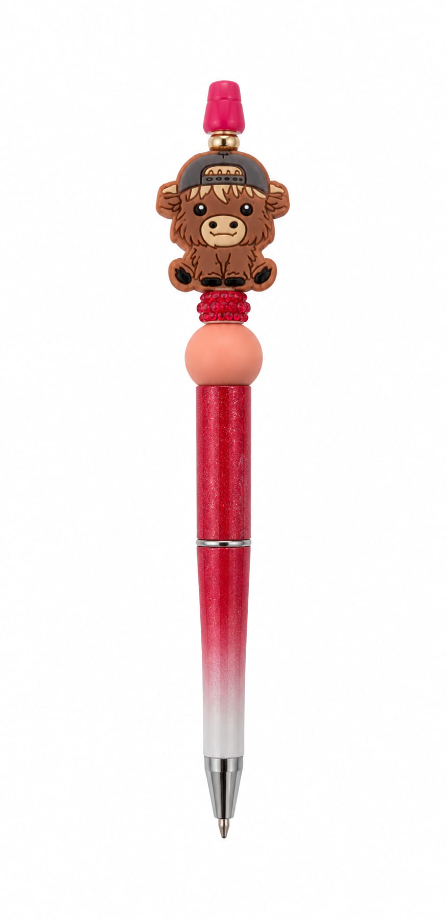 A red gradient custom beaded pen featuring a backward cap Highland cow focal bead, a sparkling red rhinestone spacer, and a peach accent bead.