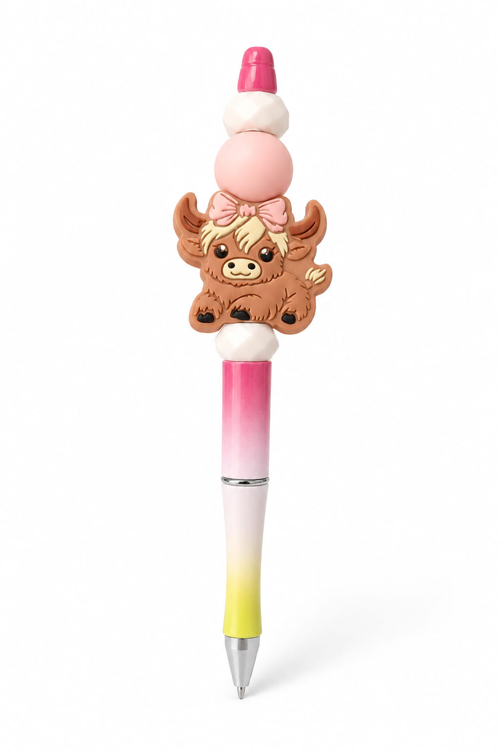 The pink-bow Highland cow custom beaded pen