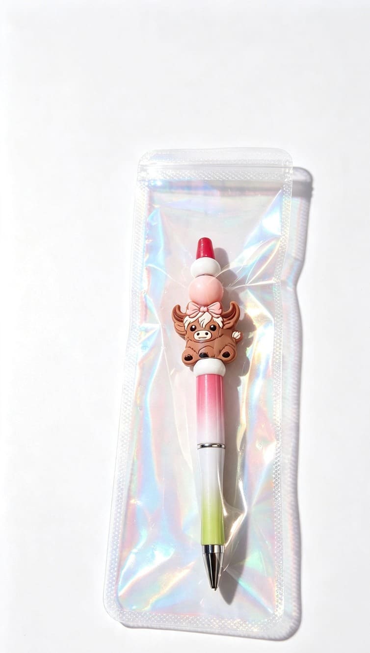 The pink-bow Highland cow custom beaded pen