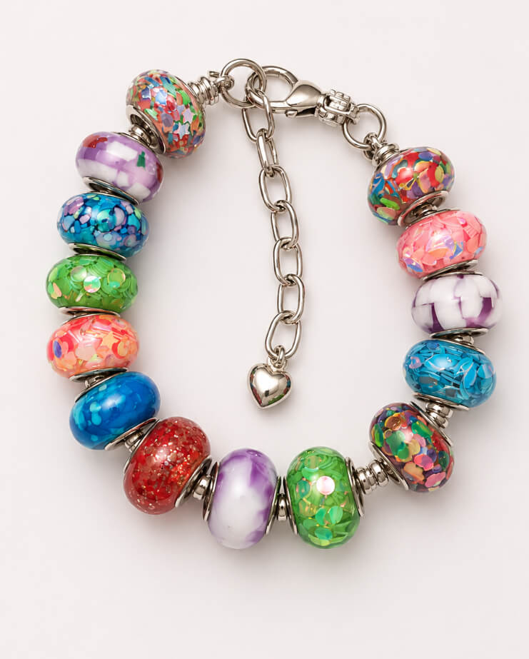 Rainbow Confetti European charm bracelet with colourful beads and silver-tone extender chain