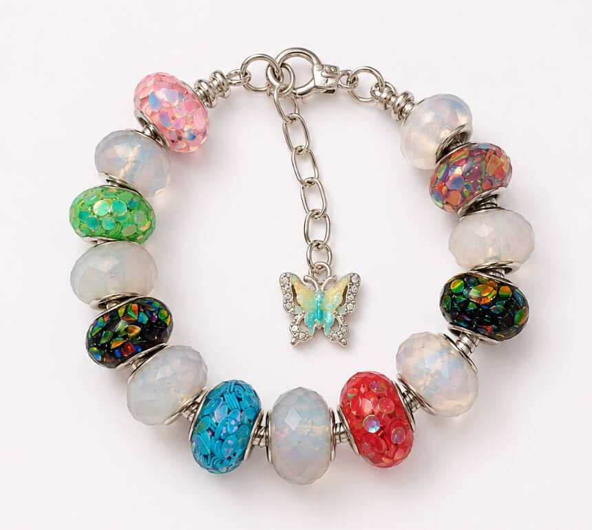Colourful European-style charm bracelet with butterfly charm and silver-tone chain
