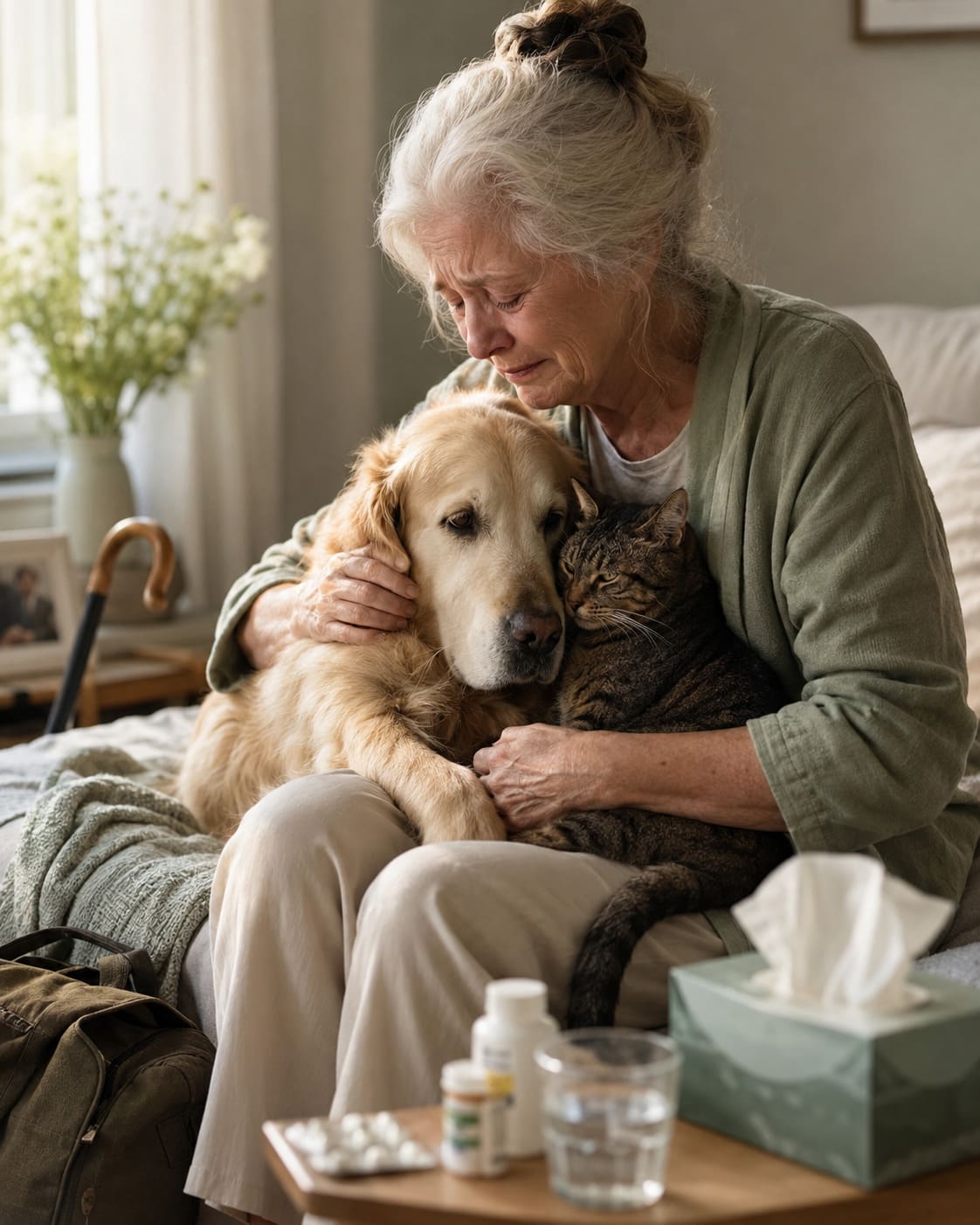 Personne âgée émue serrant contre elle son chien et son chat, illustrant l’importance d’aider SOS Assistance Animale à protéger l’avenir des animaux lorsque leur humain ne peut plus s’en occuper.