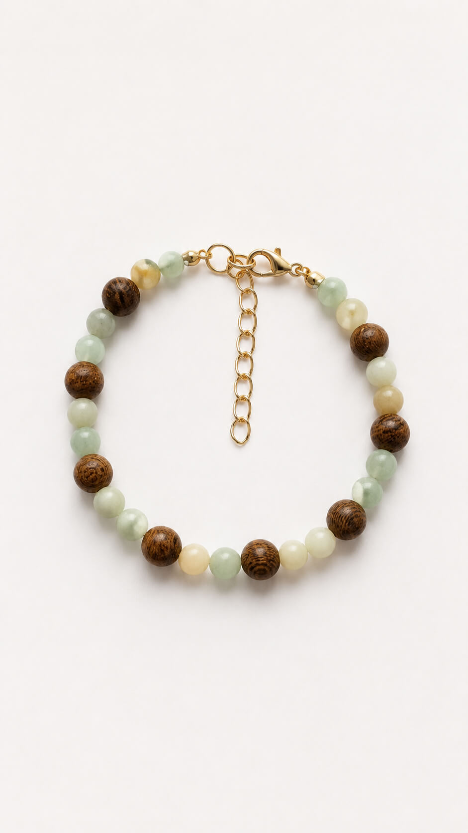 Handmade Sunset Jasper and natural wood bead bracelet with gold-tone extender chain.