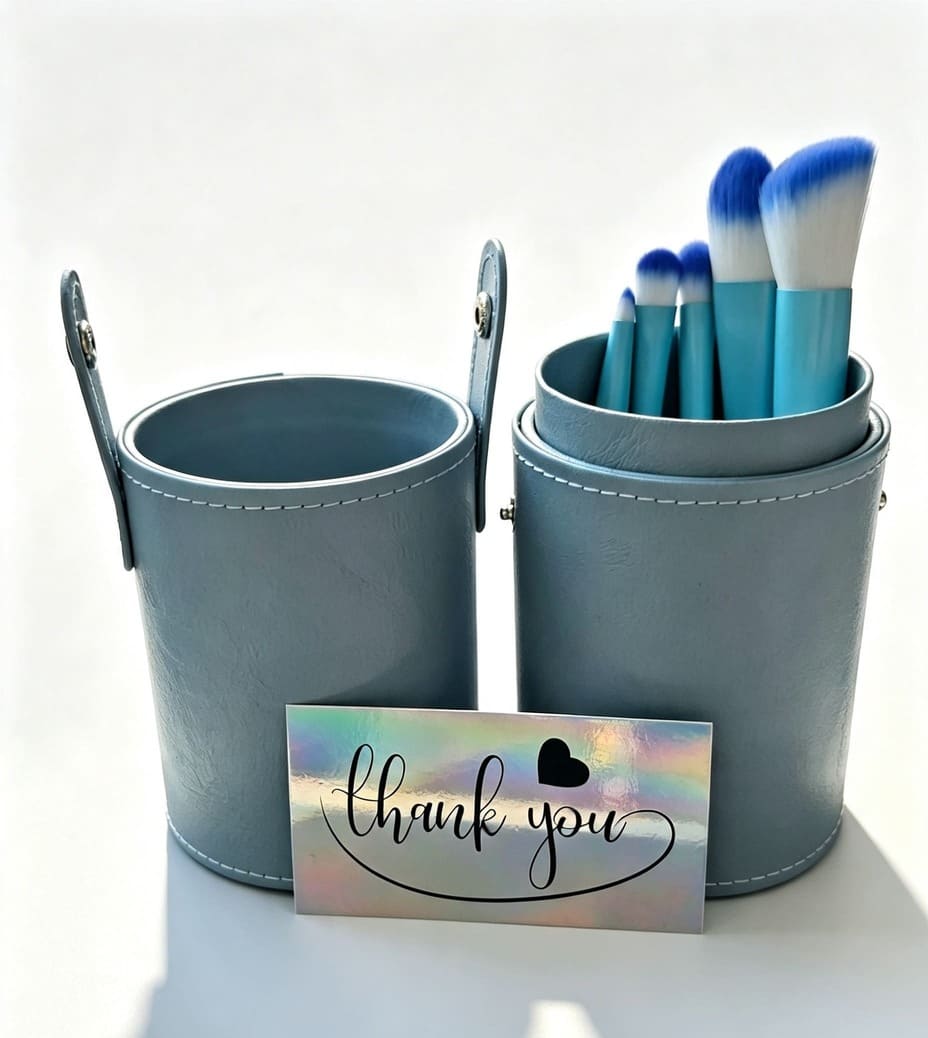 Handmade bridal makeup brush set inside a blue leather travel case with a holographic thank you card.