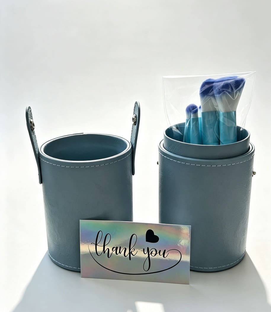 Luxury beaded bridal makeup brush set displayed upright in open blue faux leather vanity cups.