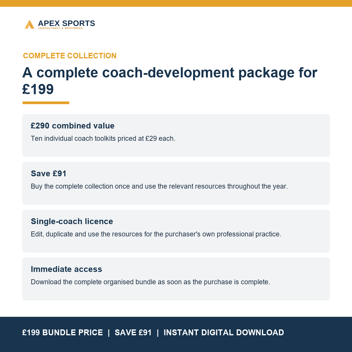 Summary of the practical value and £91 saving offered by the complete APEX Individual Coach Toolkit Bundle.