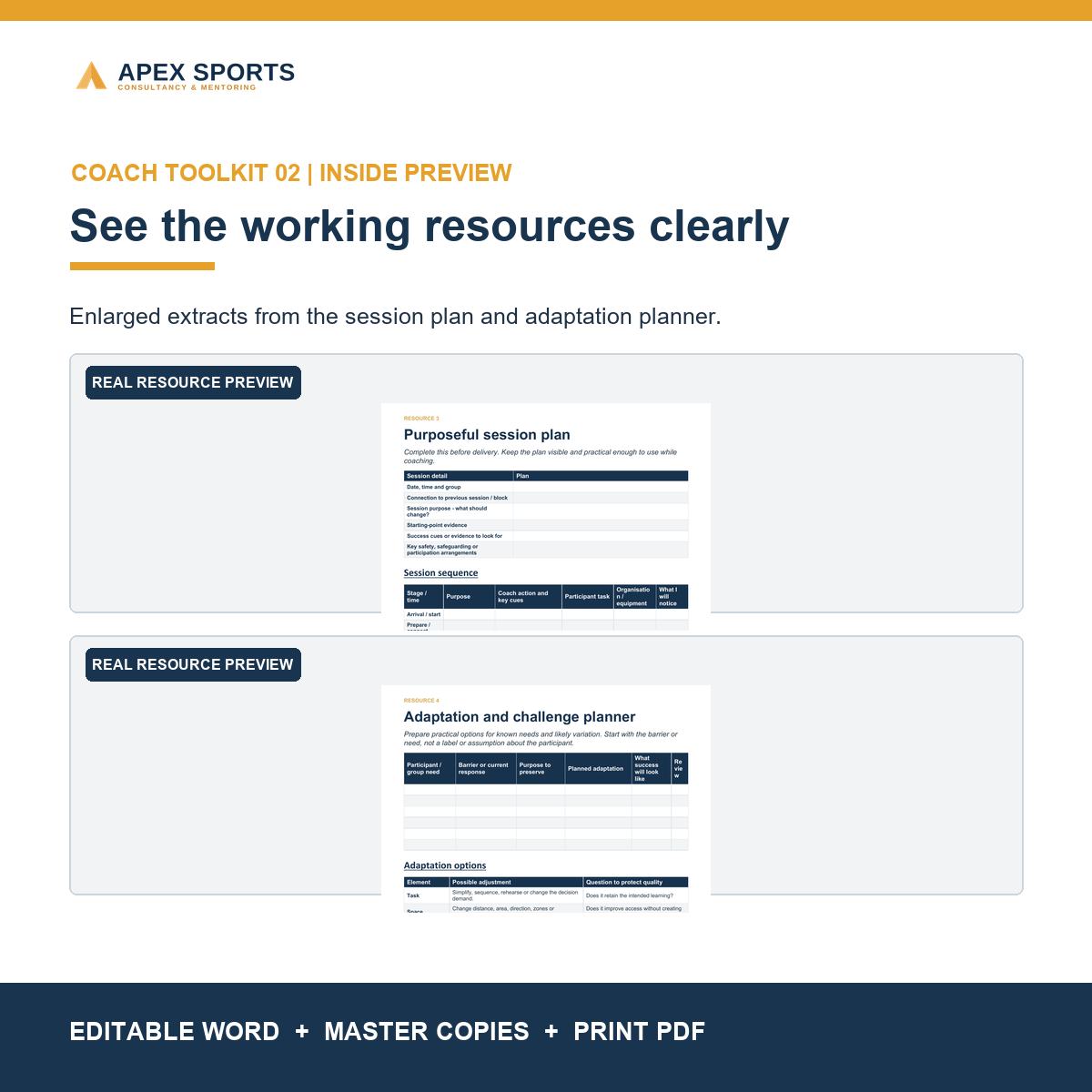 Preview of the session plan and adaptation planner inside the APEX planning toolkit