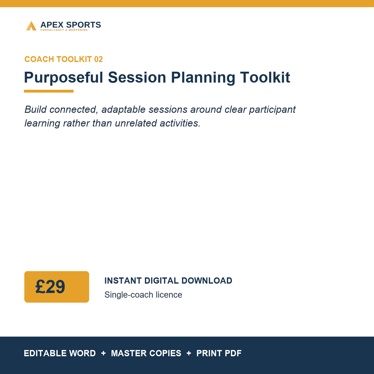 APEX Purposeful Session Planning digital toolkit for individual coaches.