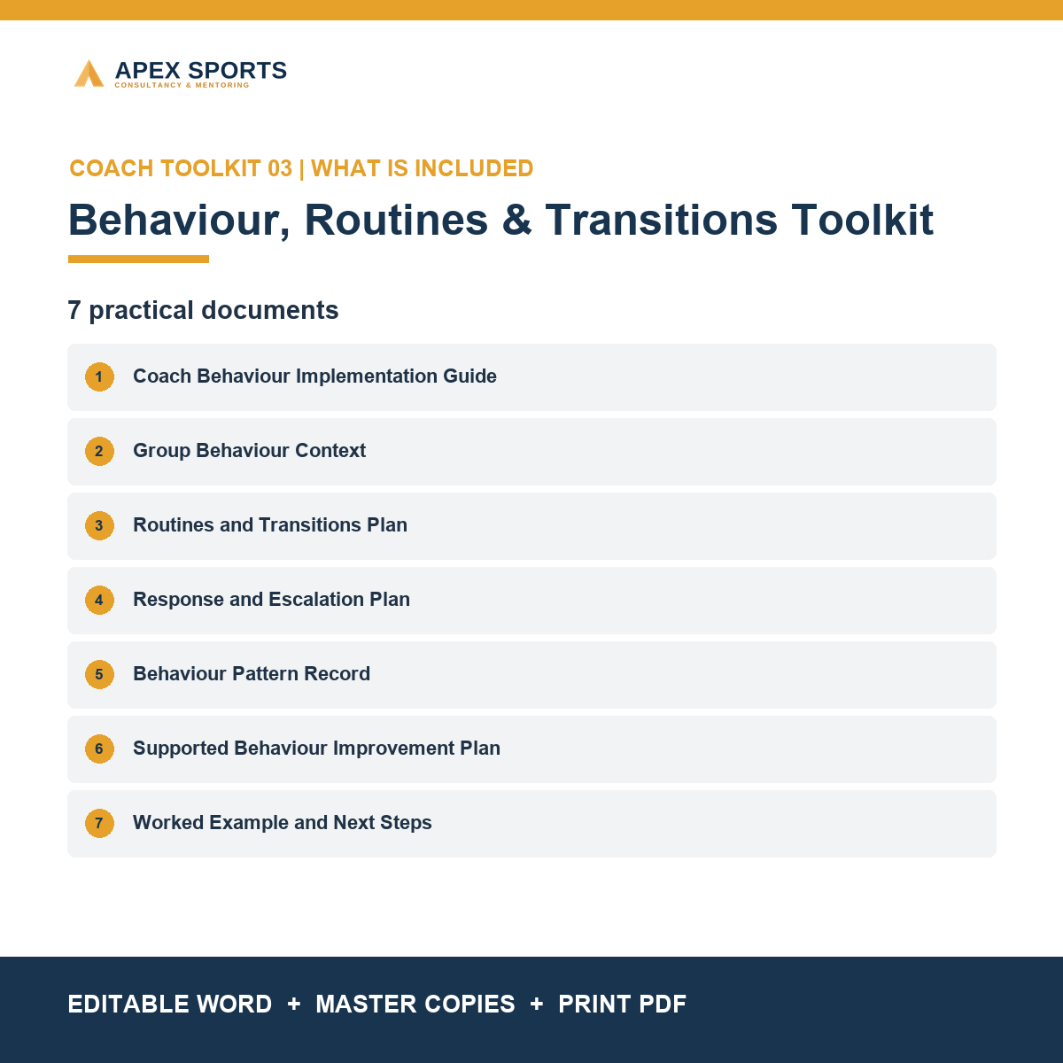 Seven practical behaviour and session-routine documents included in the APEX coach toolkit.