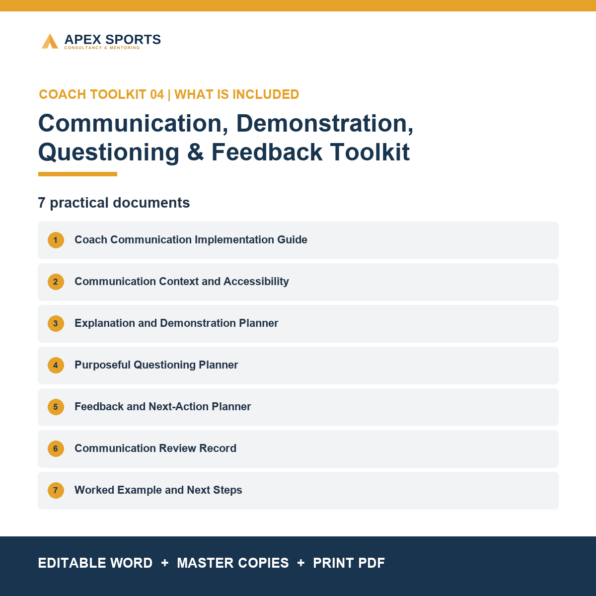 Seven practical coach-communication documents included in the APEX toolkit.