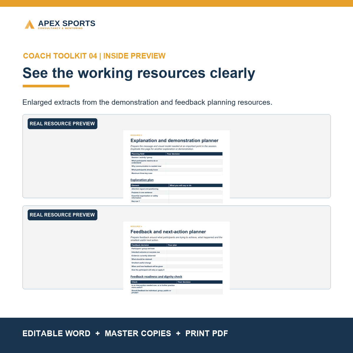 Preview of demonstration and feedback planning resources inside the APEX communication toolkit.