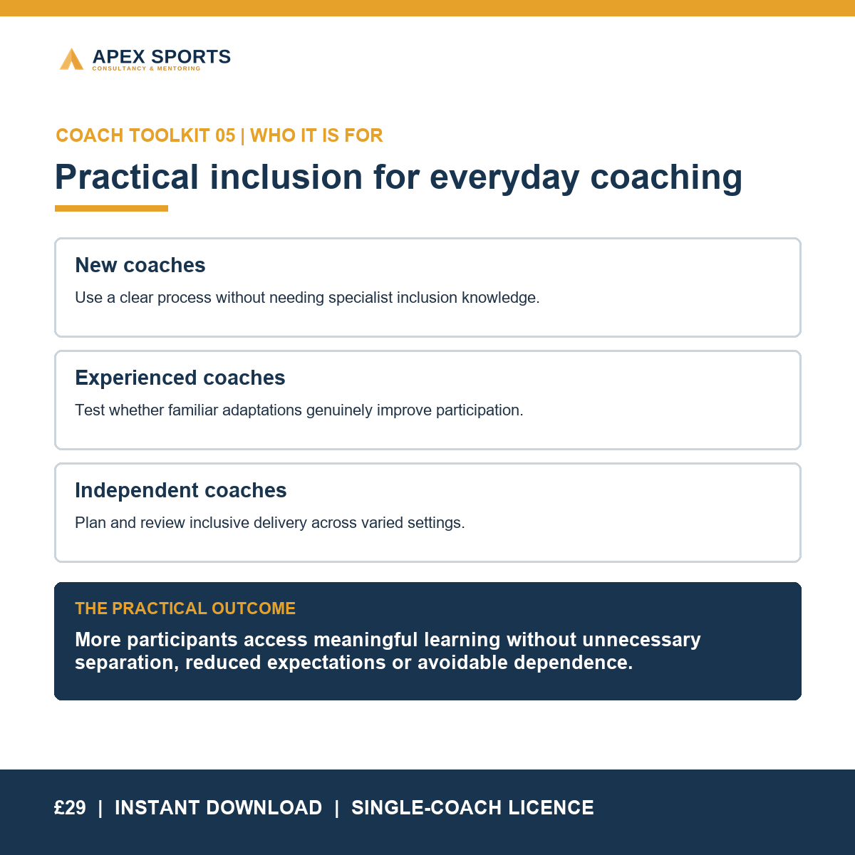 APEX inclusive-coaching toolkit for new, experienced and independent coaches.