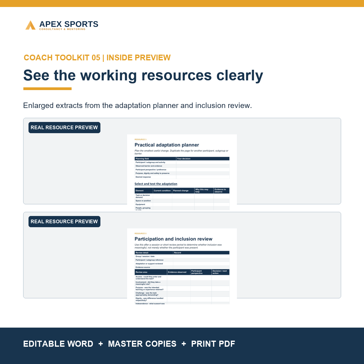 Preview of the practical adaptation planner and participation review inside the APEX inclusion toolkit.
