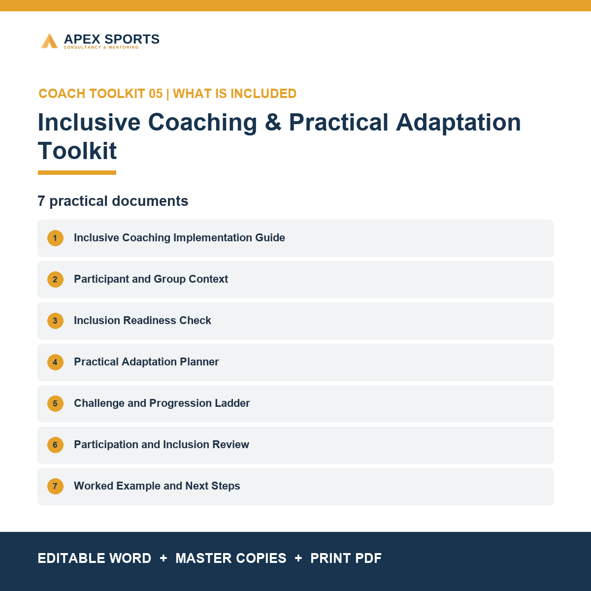 Seven practical inclusion and adaptation documents included in the APEX coach toolkit.