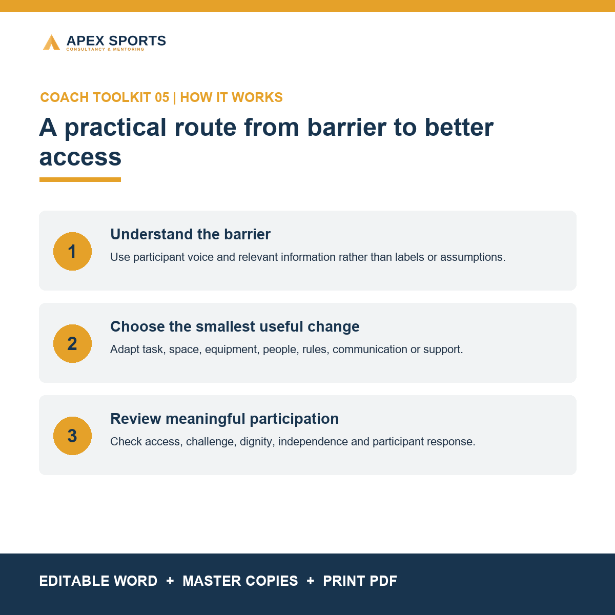 Three-step process covering barriers, practical adaptations and meaningful participation review.